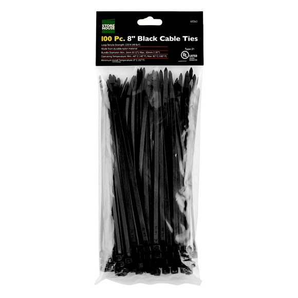 8 in. UV-Resistant Black Cable Ties, 100-Pack - Picture 1 of 7
